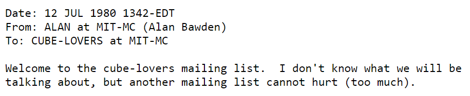 Screenshot of the first message in the MIT Cube Lovers archive.