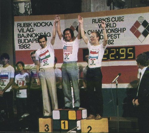 The top three fastest competitors from the World Rubik's Cube Championship 1982. 1st: Minh Thai | 2nd: Guus Razoux Shultz | 3rd: Zoltan Labas